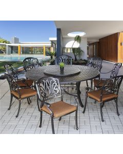 Elisabeth Outdoor Patio 9pc Dining Set with Series 5000 71 Inch Round Table - Includes & Lazy Susan & Cushions - Antique Bronze Finish