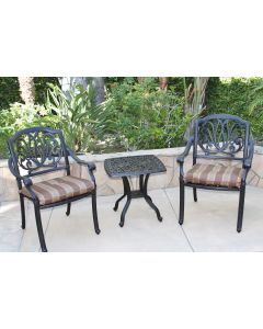 Heritage Outdoor Living Cast Aluminum Elisabeth Outdoor Patio 3pc Set with 21" Square End Table - Includes 2 Standard Dining Chairs with Seat Cushions & 21" End Table - Antique Bronze Finish
