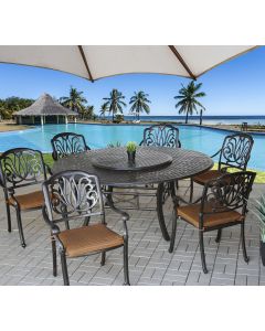 Elisabeth Outdoor Patio 7pc Set with Series 5000 71" Round Table - Includes 35" Lazy Susan & Seat Cushions - Antique Bronze Finish