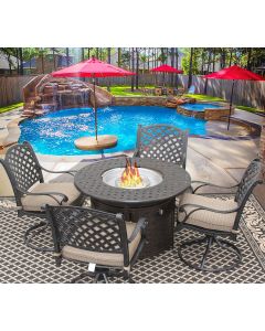 Nassau 42" Round Outdoor Patio 5pc Dining Set for 4 Person with Round Fire Table Series 7000 - Antique Bronze Finish