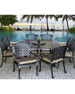 Nassau Outdoor Patio 9pc Dining Set with Series 5000 64 Inch Square Table - (All Standards) - Includes 35 Inch Lazy Susan & Cushions - Antique Bronze Finish