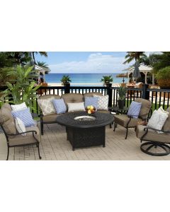 Elisabeth Outdoor Patio 7pc Deep Seating Set with 52 Inch Round Fire Table - Includes End Tables, Fire Pit LP Burner, Sofa, Loveseat, Club Swivel Rocker, Club Chair
