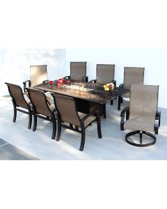 Barbados Sling Outdoor Patio 9pc Dining Set for 8 Person with 44x84 Rectangle Fire Table Series 2000