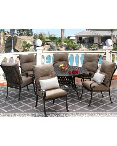 TORTUGA CAST ALUMINUM OUTDOOR PATIO 7PC SET 60 Inch ROUND DINING TABLE Series 3000 WITH Sunbrella SESAME LINEN CUSHION
