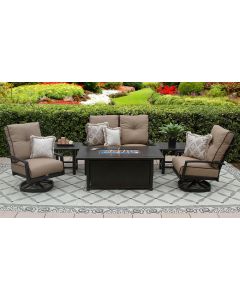QUINCY ALUMINUM OUTDOOR PATIO 6PC LOVESEAT, 2-CLUB SWIVEL ROCKERS, 2-END TABLES 34X58 RECTANGLE FIREPIT SERIES 4000 WITH SESAME LINEN CUSHION - ANTIQUE BRONZE