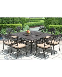 PALM TREE CAST ALUMINUM OUTDOOR PATIO 9PC SET 8-DINING CHAIRS 64 Inch SQUARE TABLE Series 5000 & LAZY SUSAN WITH Sunbrella SESAME LINEN CUSHION