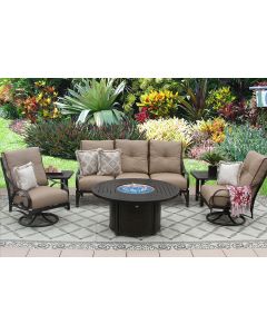 NEWPORT ALUMINUM OUTDOOR PATIO 6PC SOFA CLUB SWIVEL ROCKERS END TABLES 50 Inch ROUND FIRE PIT SERIES 4000 WITH SESAME LINEN CUSHION - ANTIQUE BRONZE