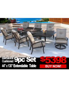 Patio Furniture Sale: BARBADOS CUSHION 9pc set with 44x130 Extendable Table 