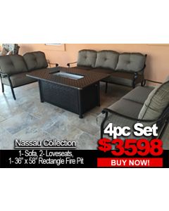 Patio Furniture Sale: Nassau 4pc set with 1-sofa 2-loveseat 1-36x58 Rectangle Fire Pit